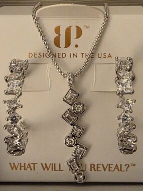 BP Silver-Tone Linear Crystal Pendant Necklace with April Matching Drop Earrings